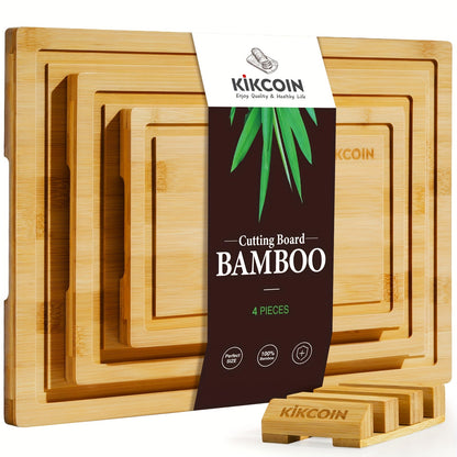 Four-Piece Bamboo Cutting Board Set with Graduated Sizes, Juice Grooves and Storage Rack Included