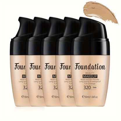 Full Coverage Liquid Foundation Set 3 & 5pcs 30ml — Moisturizing Waterproof Long-Wearing Foundation, Flawless Finish for All Skin Types, Shades: Soft Ivory, Natural & Tan