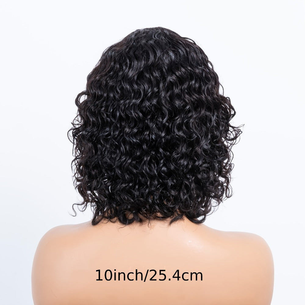Wavy Elf-Cut Human Hair Wig with Bangs, Rose Mesh Cap and Black 10-Inch Layered Short-Hair Style