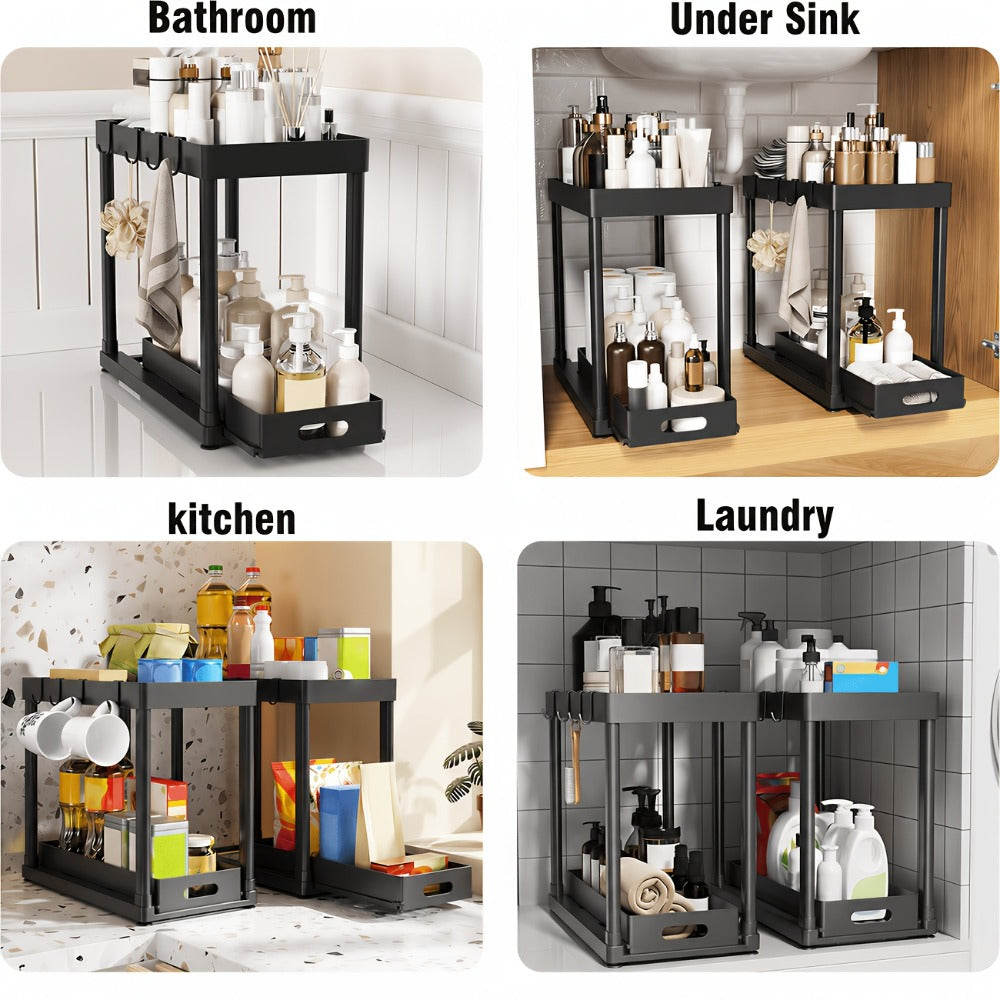 Under Sink Organizer 2pcs Double Tier Sliding Storage Basket with 8 Hooks – Kitchen Bathroom Cabinet Rack Shelf