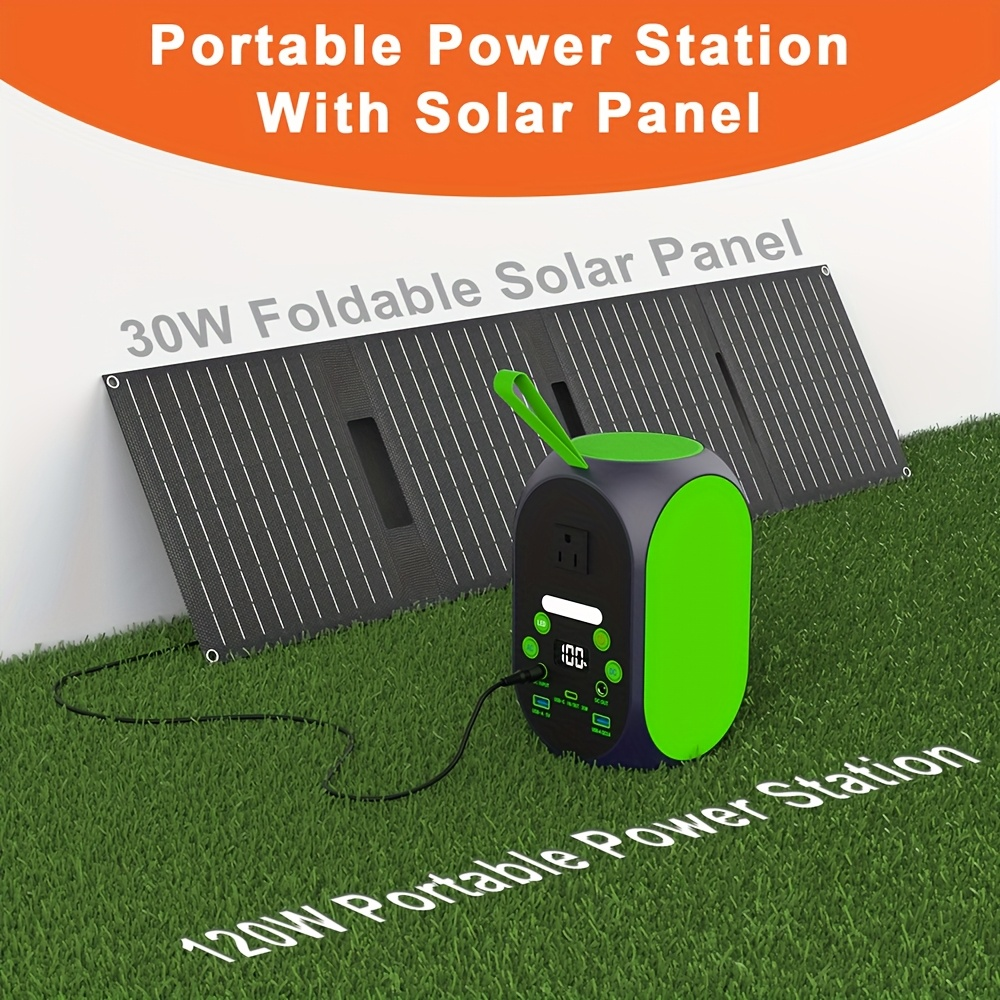 Solar Generator 120W LiFePO4 Battery 99.84Wh Portable Power Station with 30W Foldable Solar Panel AC DC USB Type-C for Camping Hiking Emergency CPAP Laptop