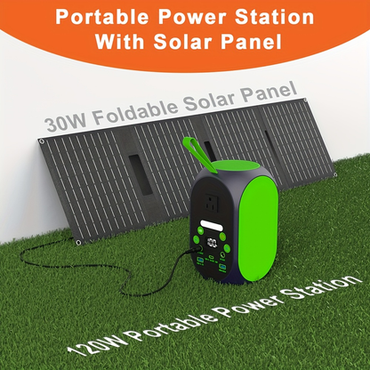 Solar Generator 120W LiFePO4 Battery 99.84Wh Portable Power Station with 30W Foldable Solar Panel AC DC USB Type-C for Camping Hiking Emergency CPAP Laptop