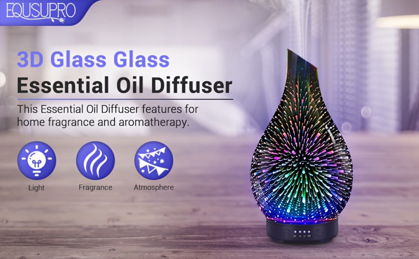 120ml Glass Essential Oil Diffuser with Teardrop Body, Four Timer Labels, Seven-Color Light and Oil Bundle