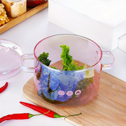Glass Cooking Pot Cookware with 1500ml Capacity, Heart-Shaped Lid and Transparent Pink Body