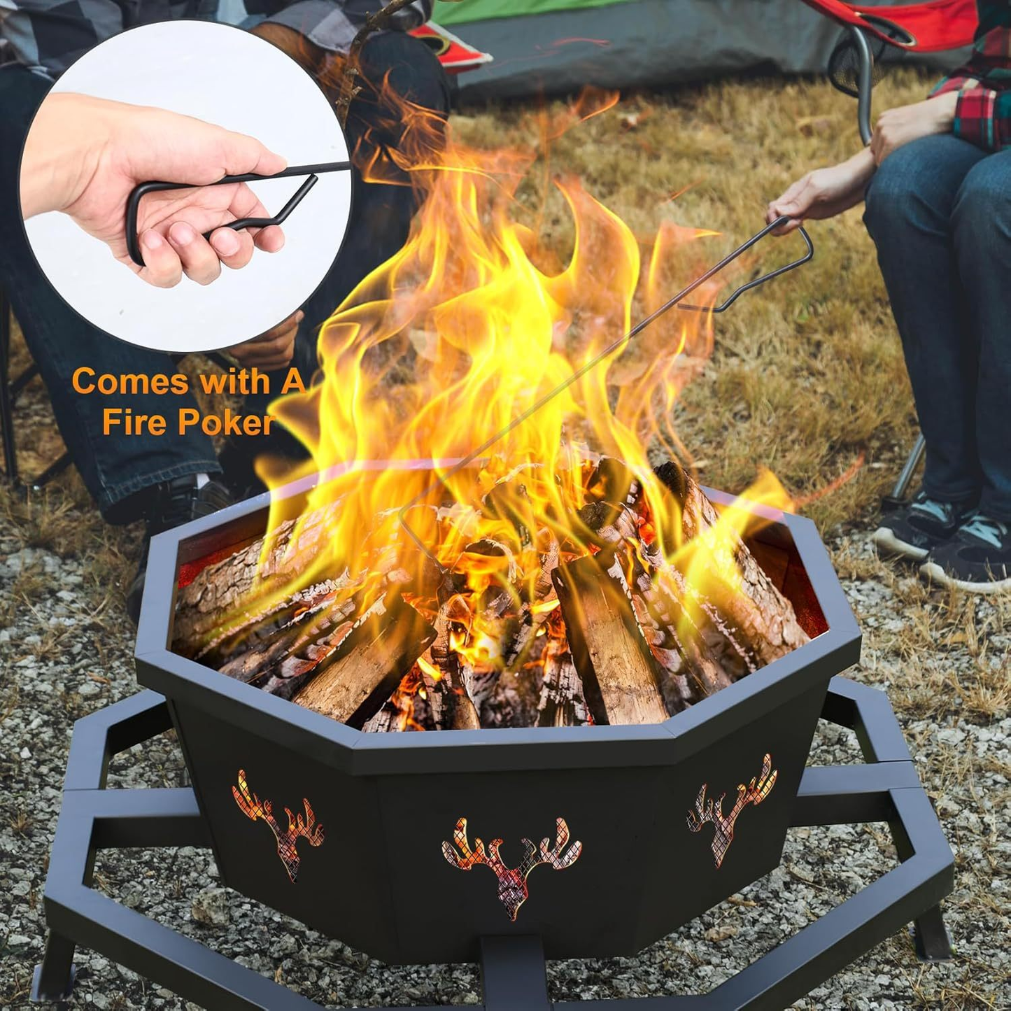 35-Inch Octagonal Wood-Burning Fire Pit with Spark Screen, Poker, Fire Grate and Wide Safety-Ledge Frame