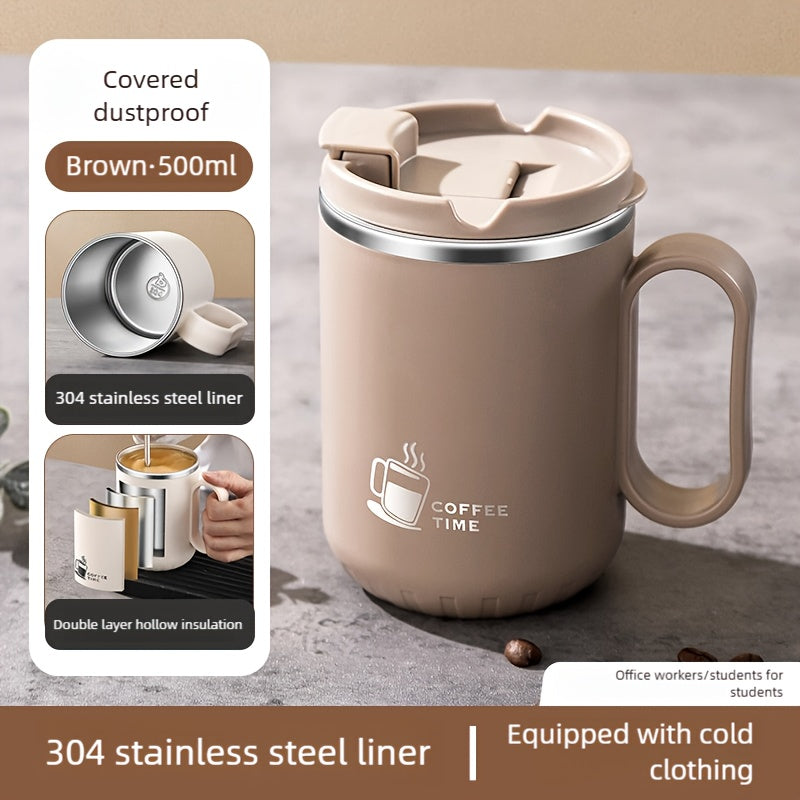 500ml Covered Stainless Steel Coffee Travel Mug with Handle in White, Black, Red, Grey or Brown
