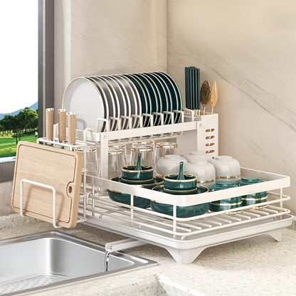 2-Tier Dish Drying Rack with Drainboard & Mat – Metal Dish Rack for Kitchen Counter with Knife Fork Cup Holder
