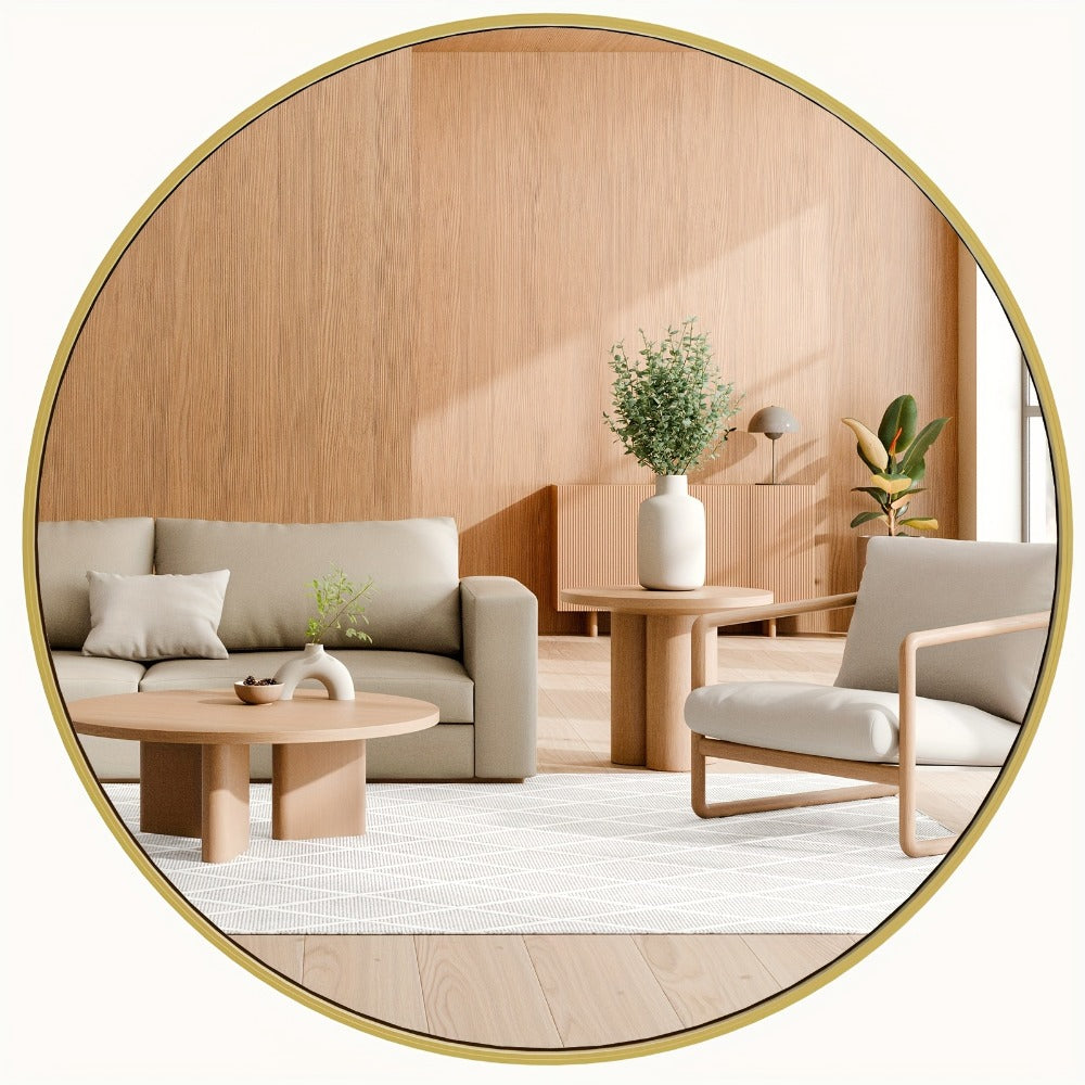 Round Wall Mirror Aluminum Alloy Frame – Modern Circle Mirror for Bedroom, Bathroom & Living Room, Tempered Glass, Black & Gold, 20in 28in 30in 36in