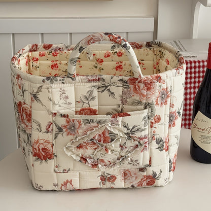 Quilted Floral Carry Storage Basket, Approximately 32 x 26 x 25cm with Two Padded Handles and Seven Patterns