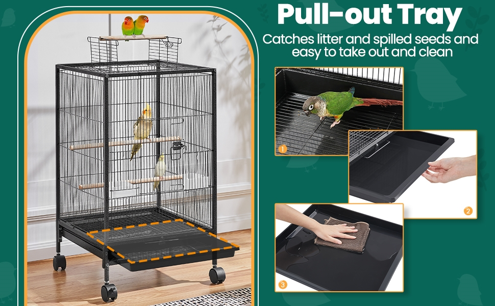 Bird Cage with Rolling Stand Open Top 31 Inch Wrought Iron Black - Slide Out Tray Feeder Doors 2 Feeders 3 Perches for Budgies Parakeets Cockatiels Canaries Finches Small Bird Home Cage