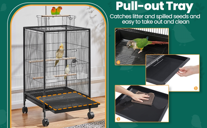Bird Cage with Rolling Stand Open Top 31 Inch Wrought Iron Black - Slide Out Tray Feeder Doors 2 Feeders 3 Perches for Budgies Parakeets Cockatiels Canaries Finches Small Bird Home Cage