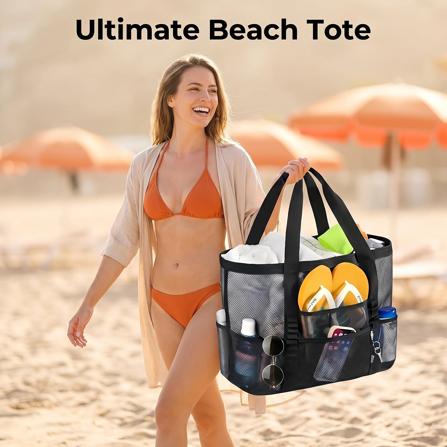 Four-Color Mesh Beach Tote Bag with Open Top, Twin Handles and Multiple Exterior Storage Pockets