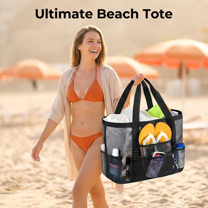 Four-Color Mesh Beach Tote Bag with Open Top, Twin Handles and Multiple Exterior Storage Pockets
