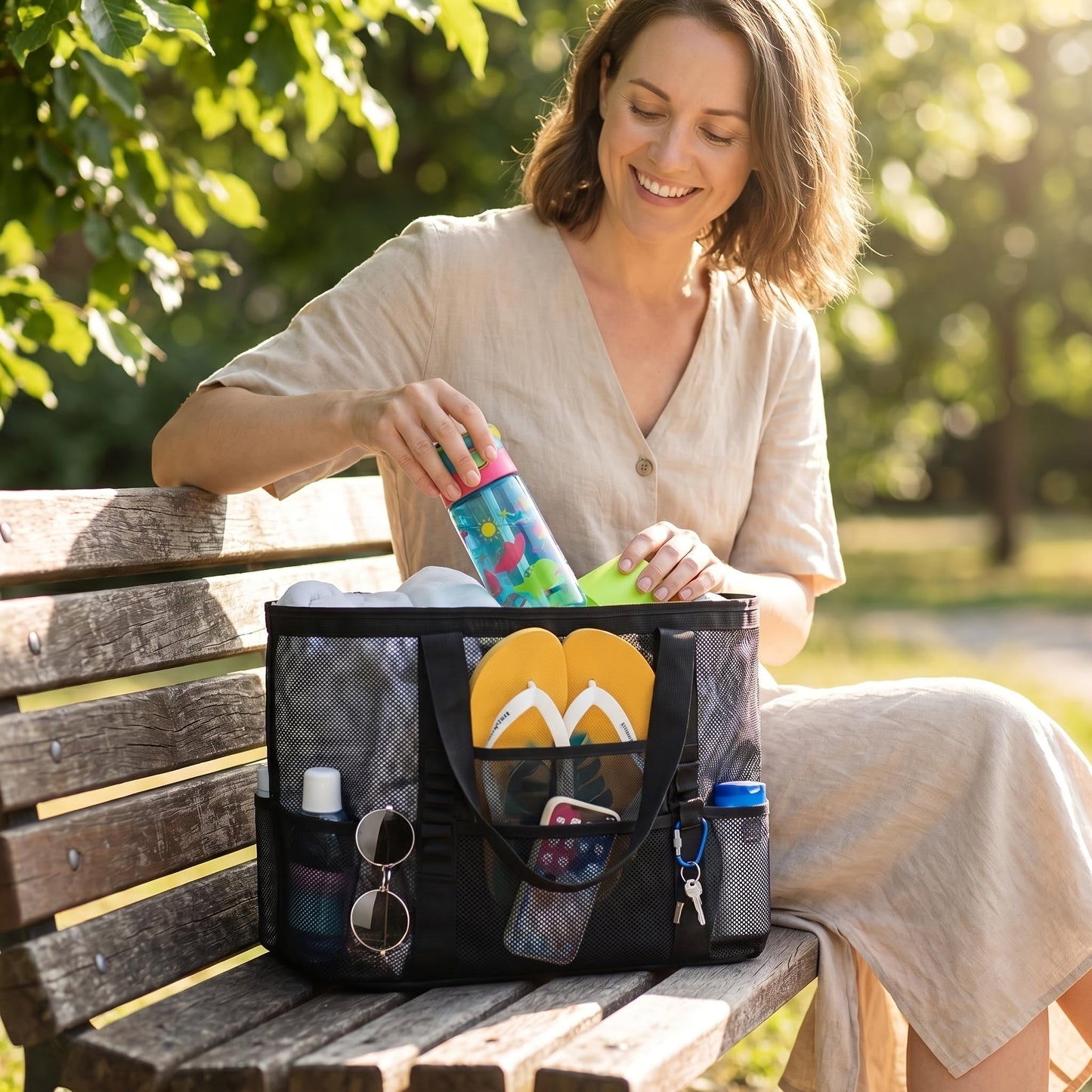 Four-Color Mesh Beach Tote Bag with Open Top, Twin Handles and Multiple Exterior Storage Pockets
