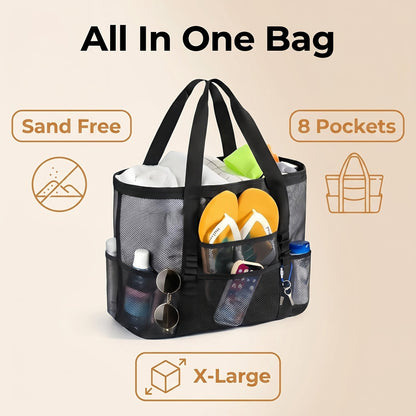 Four-Color Mesh Beach Tote Bag with Open Top, Twin Handles and Multiple Exterior Storage Pockets