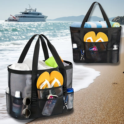 Four-Color Mesh Beach Tote Bag with Open Top, Twin Handles and Multiple Exterior Storage Pockets