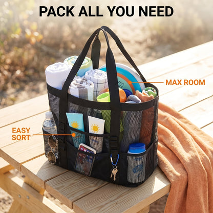 Four-Color Mesh Beach Tote Bag with Open Top, Twin Handles and Multiple Exterior Storage Pockets