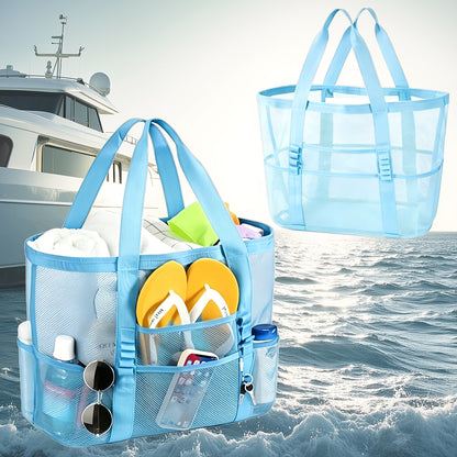 Four-Color Mesh Beach Tote Bag with Open Top, Twin Handles and Multiple Exterior Storage Pockets