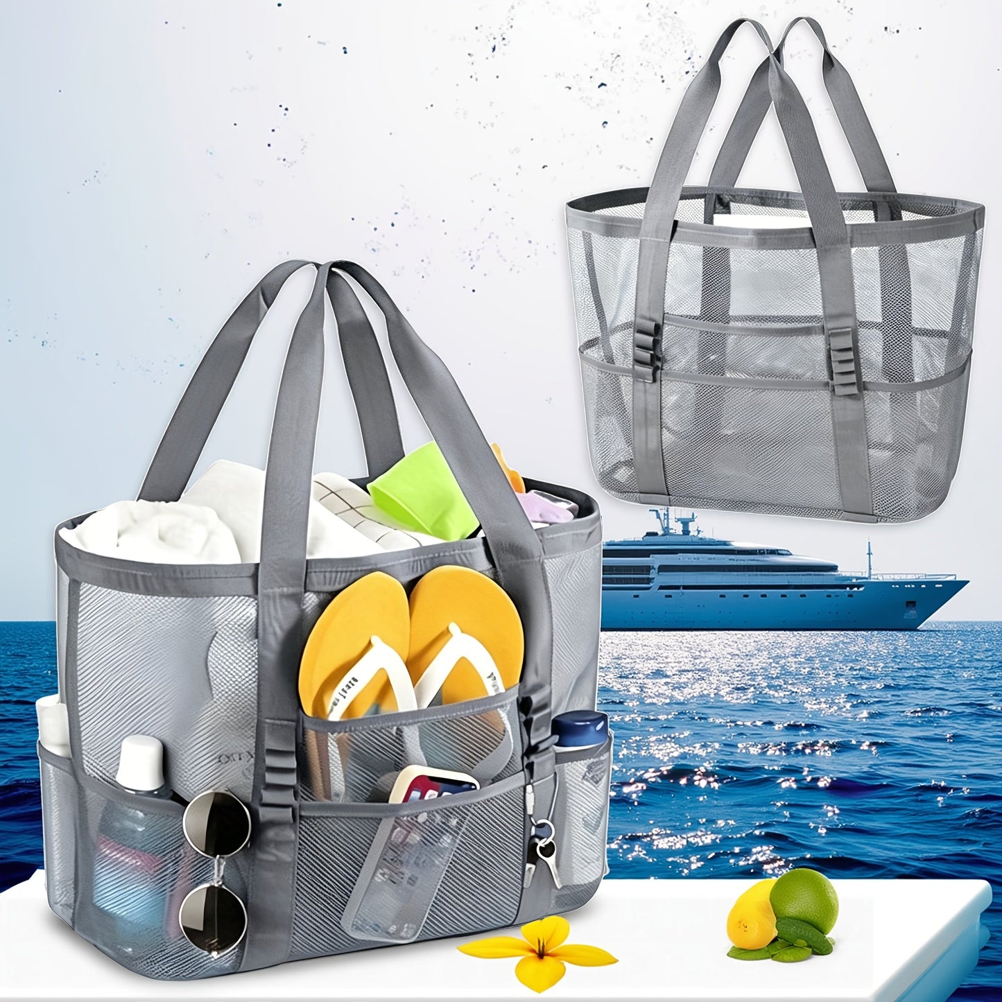 Four-Color Mesh Beach Tote Bag with Open Top, Twin Handles and Multiple Exterior Storage Pockets