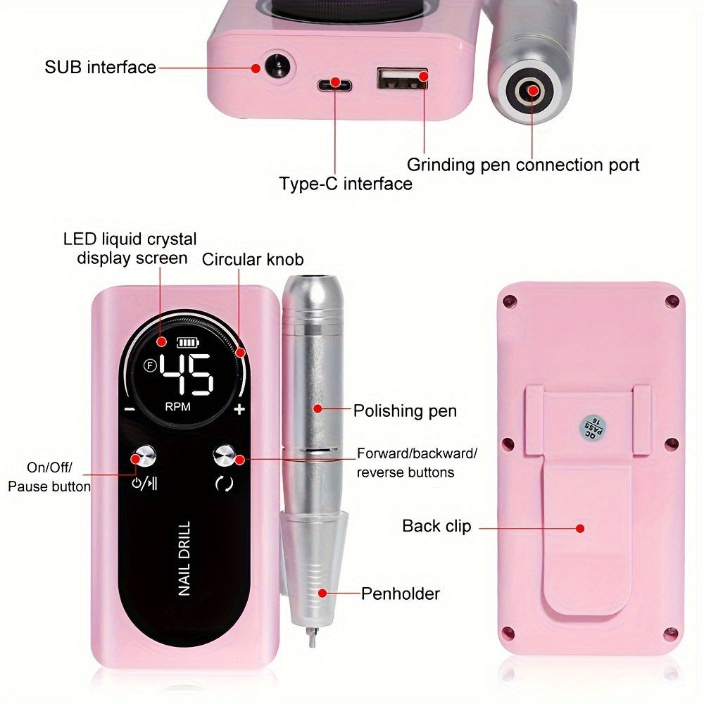 Electric Nail Drill 45000 RPM Cordless Kit with Power Display, Adjustable Speed and Three Colors