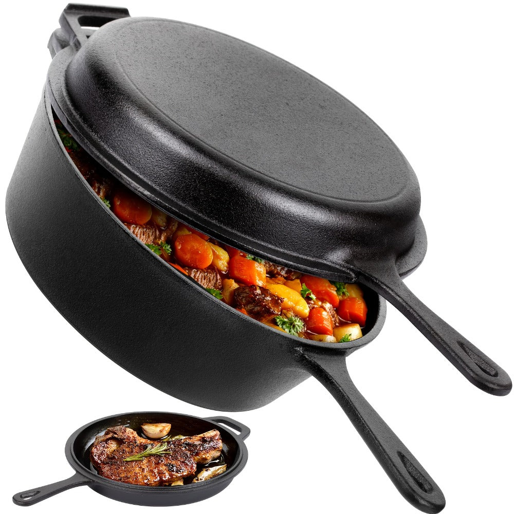 Cast Iron Dutch Oven & Frying Pan Set – Pre-Seasoned 2-in-1 Cookware, Deep Pan + Skillet for Stovetop, Induction, Oven, BBQ & Outdoor Cooking, Multi-Purpose Pots and Pans Set