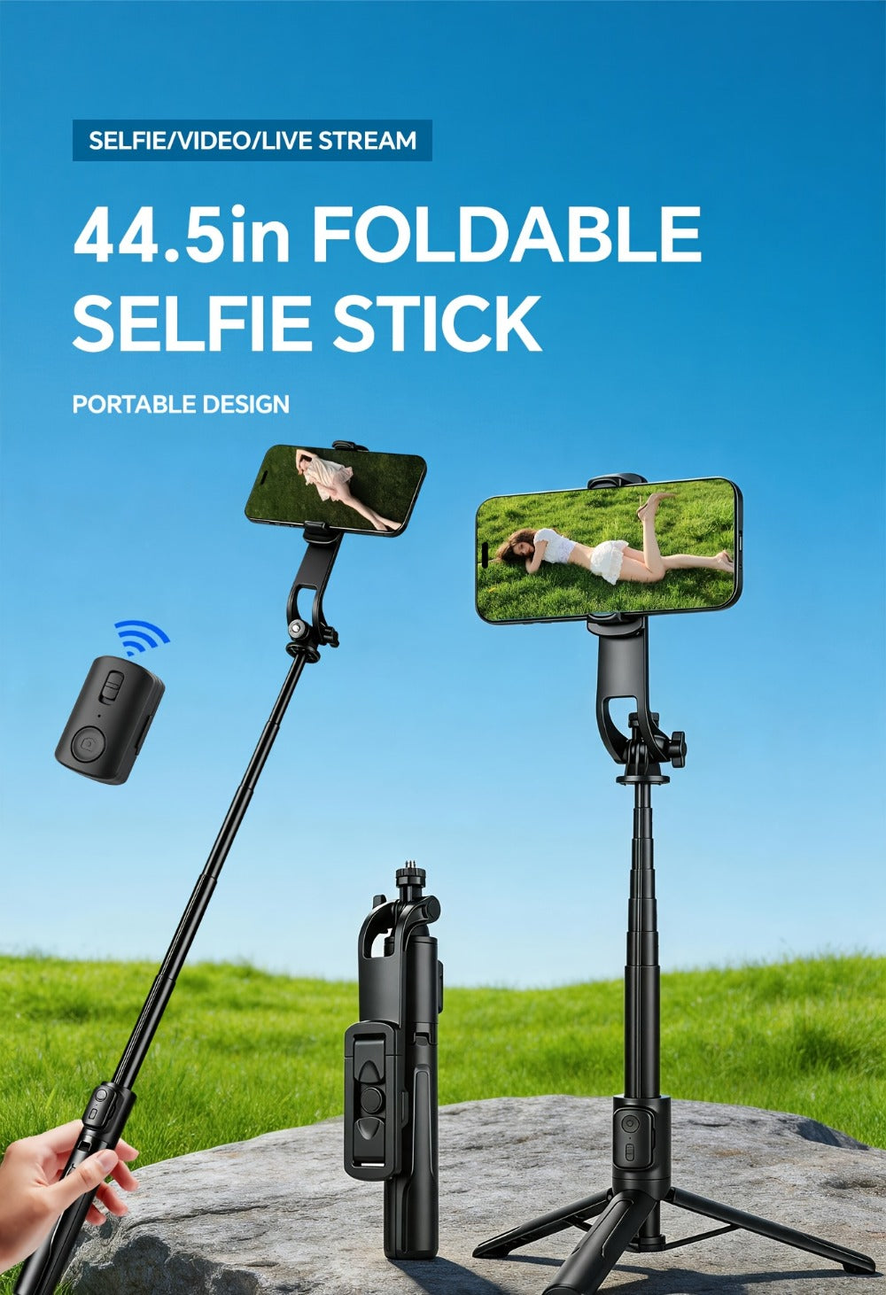 Black Selfie Stick Tripod with Telescoping Pole, Rotating Phone Clamp, Fold-Out Base and Remote