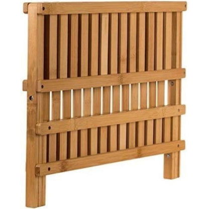 Two-Tier Collapsible Wood-Tone Dish Drying Rack with Fourteen Plate Slots and Folding Countertop Design