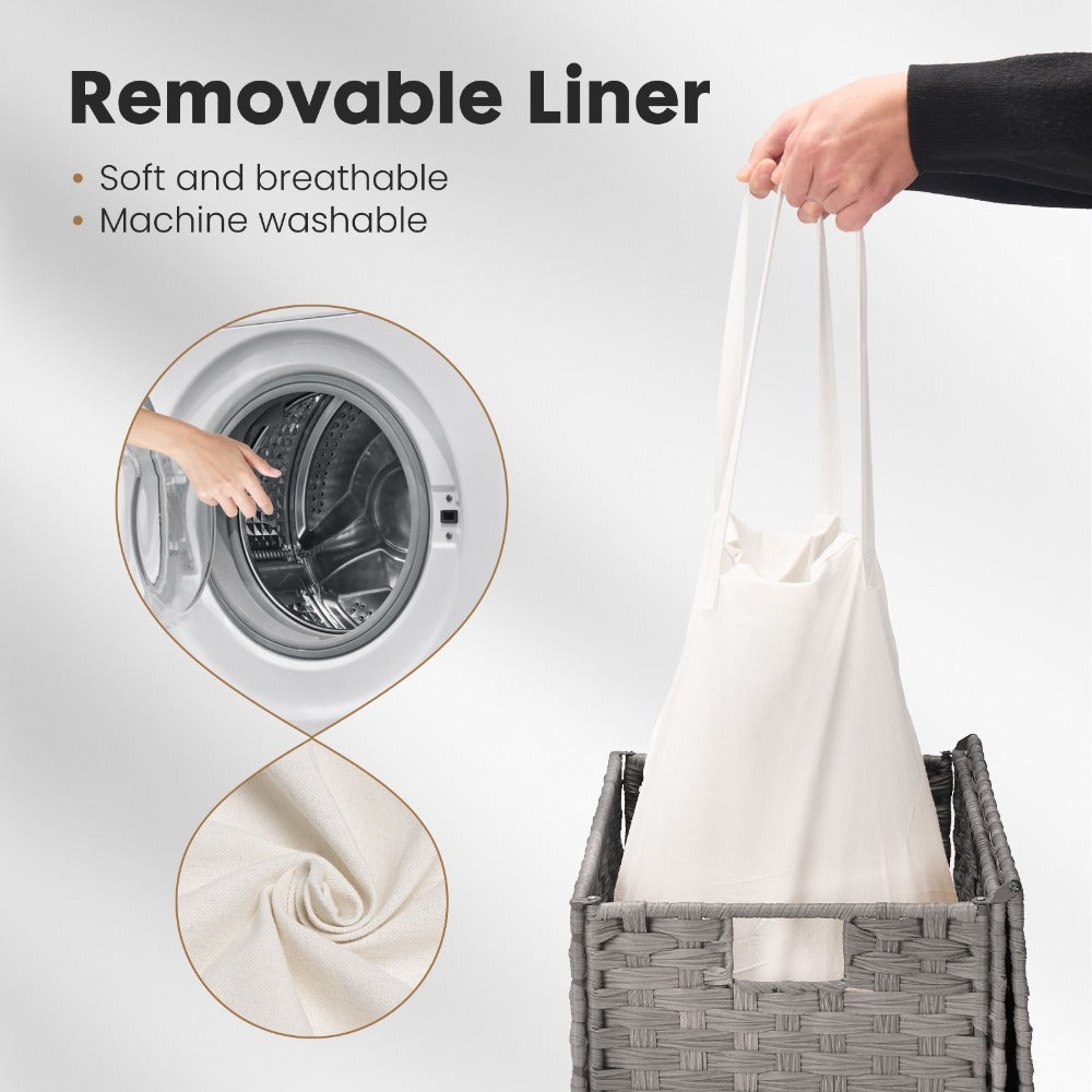 Woven Laundry Hamper with Hinged Lid, Removable Fabric Liner and Side Handles in Two Sizes and Brown or Gray