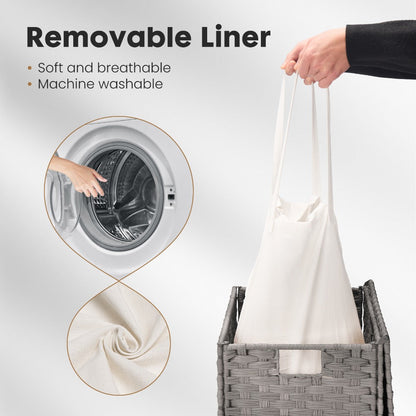 Woven Laundry Hamper with Hinged Lid, Removable Fabric Liner and Side Handles in Two Sizes and Brown or Gray