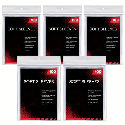 Five-Pack Clear Trading Card Sleeve Set with 100 Soft Sleeves per Pack in Standard 3 x 4-Inch Size