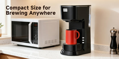 Compact Single-Serve Coffee Maker for Pods or Grounds with One-Button Control and Black or White Finish