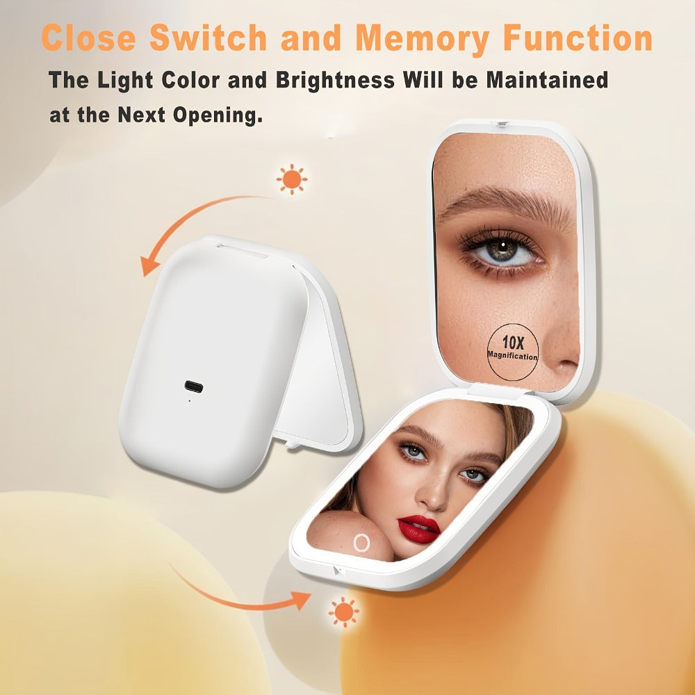 Compact Makeup Mirror with Light 10X Magnification, Rechargeable LED Pocket Mirror 3 Color Modes Adjustable Brightness 2-Sided Folding Purse Mirror for Women Travel Daily Use, Beauty Gift for Mom
