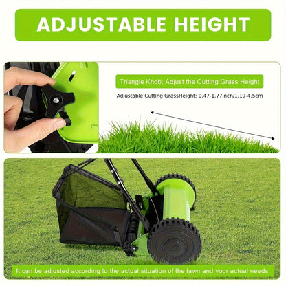 Manual Reel Lawn Mower 5-Blade Push Mower 11.8-Inch Cutting Width Adjustable Height 0.47"-1.77" with 6-Gallon Grass Catcher & Durable Steel Wheels for Residential Lawn