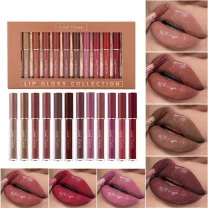 Lip Gloss Set by Leaf Poem with 12 Mixed Lip Colors, Slim Tube Applicators and Presentation Box