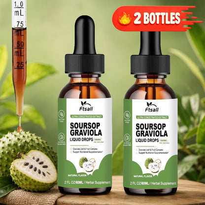 Herbal Supplement with Ftsall Label, Soursop Graviola Liquid Drops 1800mg per Serving, 2 fl oz, One to Three Packs