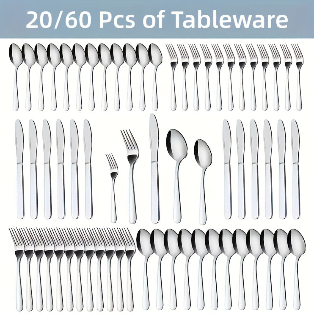 Stainless Steel Silverware Set 20 or 60 Piece – Heavy Duty Commercial Grade, Dishwasher Safe, Rust-Proof & Non-Toxic Bulk Kitchen Tableware with Gift Box for Restaurant, Wedding & Home