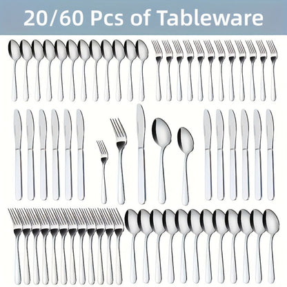 Stainless Steel Silverware Set 20 or 60 Piece – Heavy Duty Commercial Grade, Dishwasher Safe, Rust-Proof & Non-Toxic Bulk Kitchen Tableware with Gift Box for Restaurant, Wedding & Home