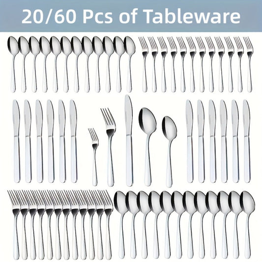 Stainless Steel Silverware Set 20 or 60 Piece – Heavy Duty Commercial Grade, Dishwasher Safe, Rust-Proof & Non-Toxic Bulk Kitchen Tableware with Gift Box for Restaurant, Wedding & Home