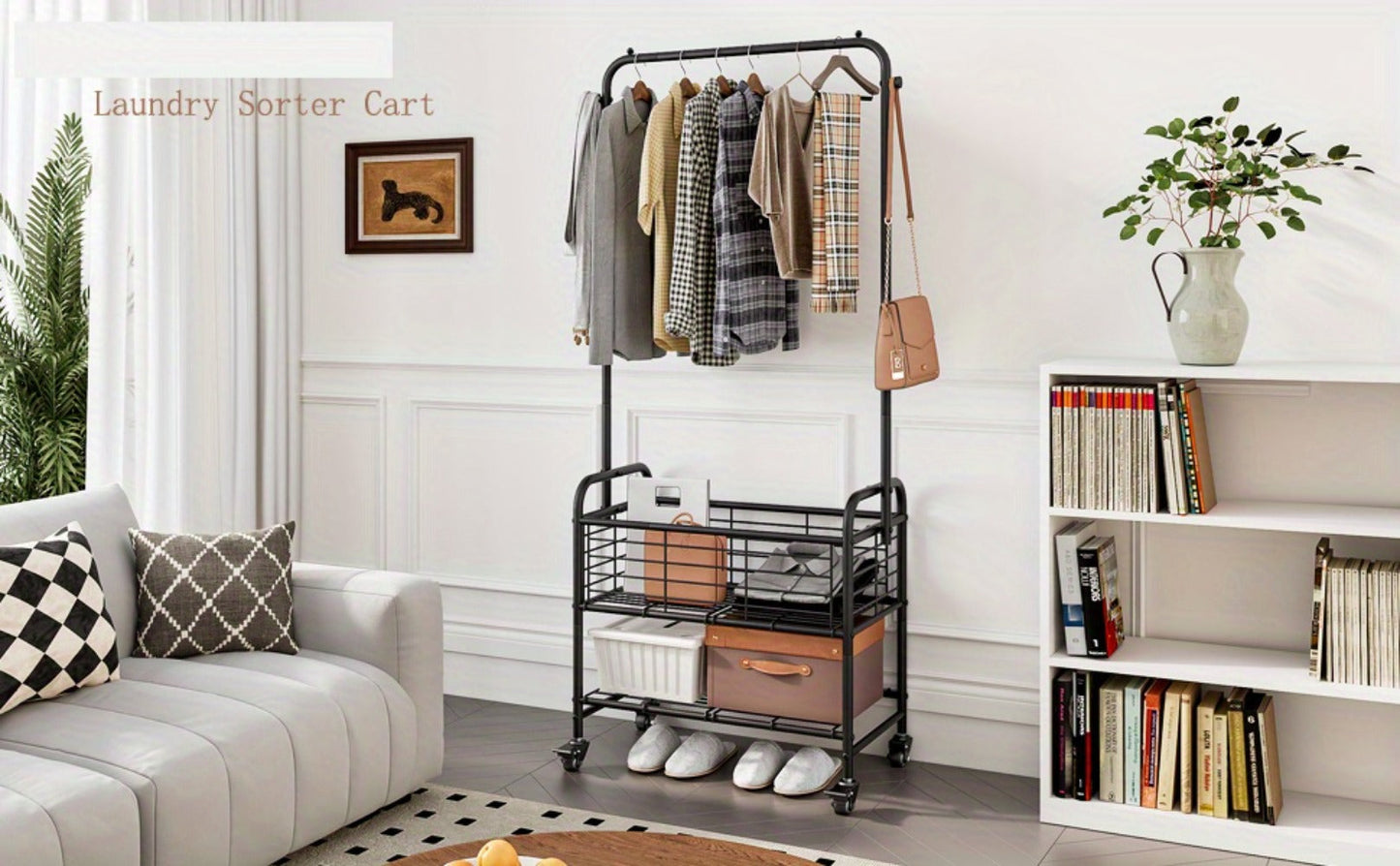 Rolling Laundry Basket Cart with 70.25-Inch Hanging Rail, Two Shelves, Four Casters and White, Black or Silver Frames