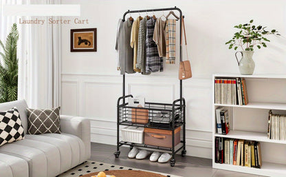 Rolling Laundry Basket Cart with 70.25-Inch Hanging Rail, Two Shelves, Four Casters and White, Black or Silver Frames