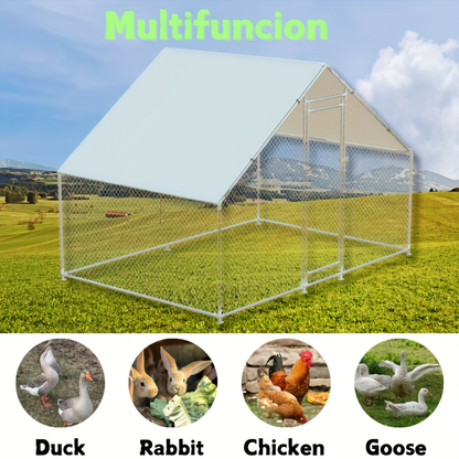 Walk-In Metal Poultry Enclosure in Six Size Options with Mesh Walls, Door and Partial Roof Cover