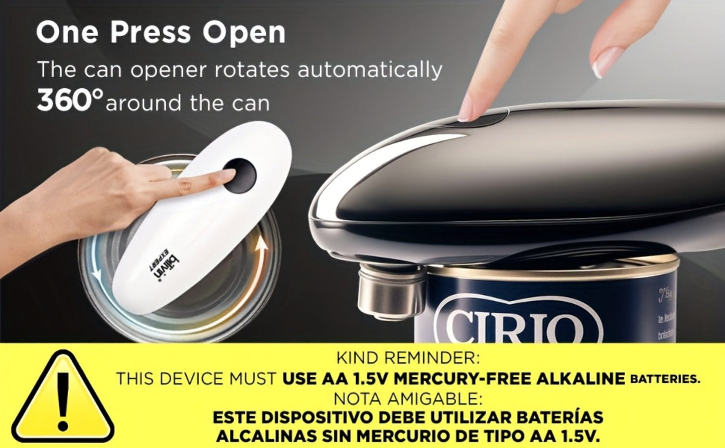 Electric Can Opener One Touch – Automatic 360° Rotation for All Can Sizes, Smooth Safe Edge, Battery Operated, Ideal for Seniors & Arthritic Hands, Kitchen Gadget