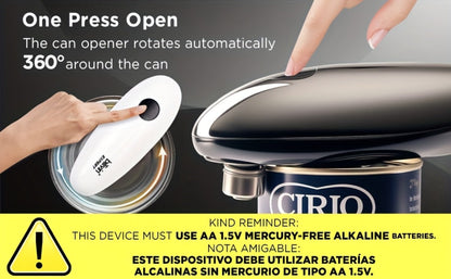 Electric Can Opener One Touch – Automatic 360° Rotation for All Can Sizes, Smooth Safe Edge, Battery Operated, Ideal for Seniors & Arthritic Hands, Kitchen Gadget