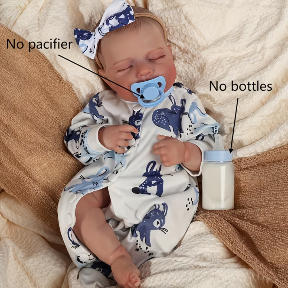 18-Inch Baby Doll in Blue-Print Outfit with Sleeping or Open-Eye Face Options and No Bottle or Pacifier