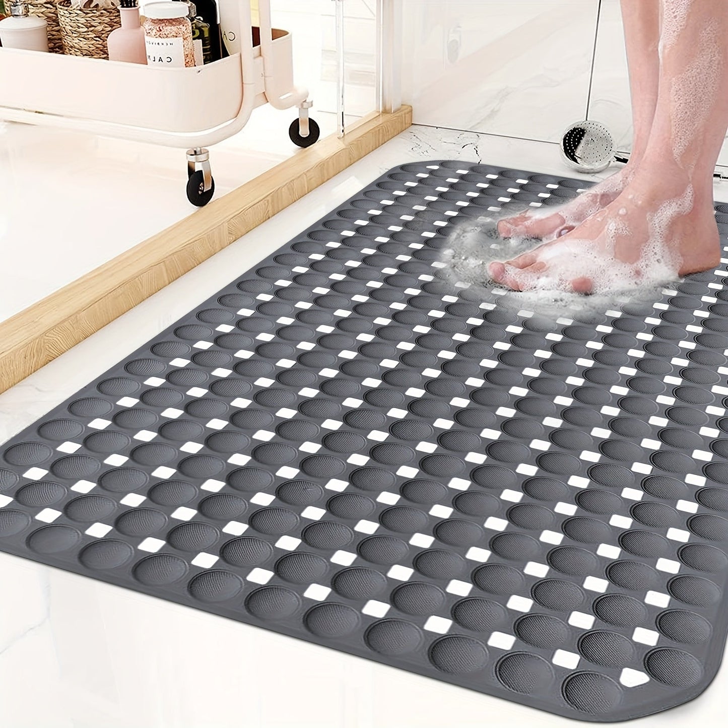 TPR Suction-Cup Shower Bath Mat, 26.38 x 14.17 Inches with Raised Texture in Gray or White
