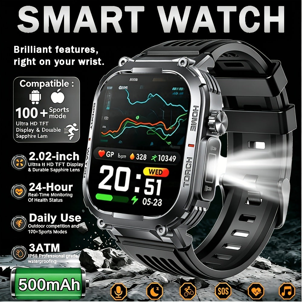 Waterproof Smartwatch with 100+ Sport Modes & LED Flashlight – 2.02" TFT Screen Wireless Calling Sleep Tracker Fitness Activity Tracker Heart Rate Compatible with iPhone Android Gift for Men Women