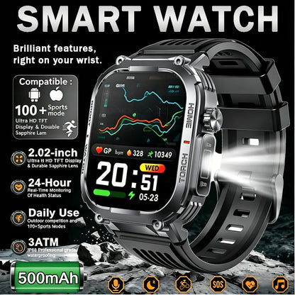 Waterproof Smartwatch with 100+ Sport Modes & LED Flashlight – 2.02" TFT Screen Wireless Calling Sleep Tracker Fitness Activity Tracker Heart Rate Compatible with iPhone Android Gift for Men Women