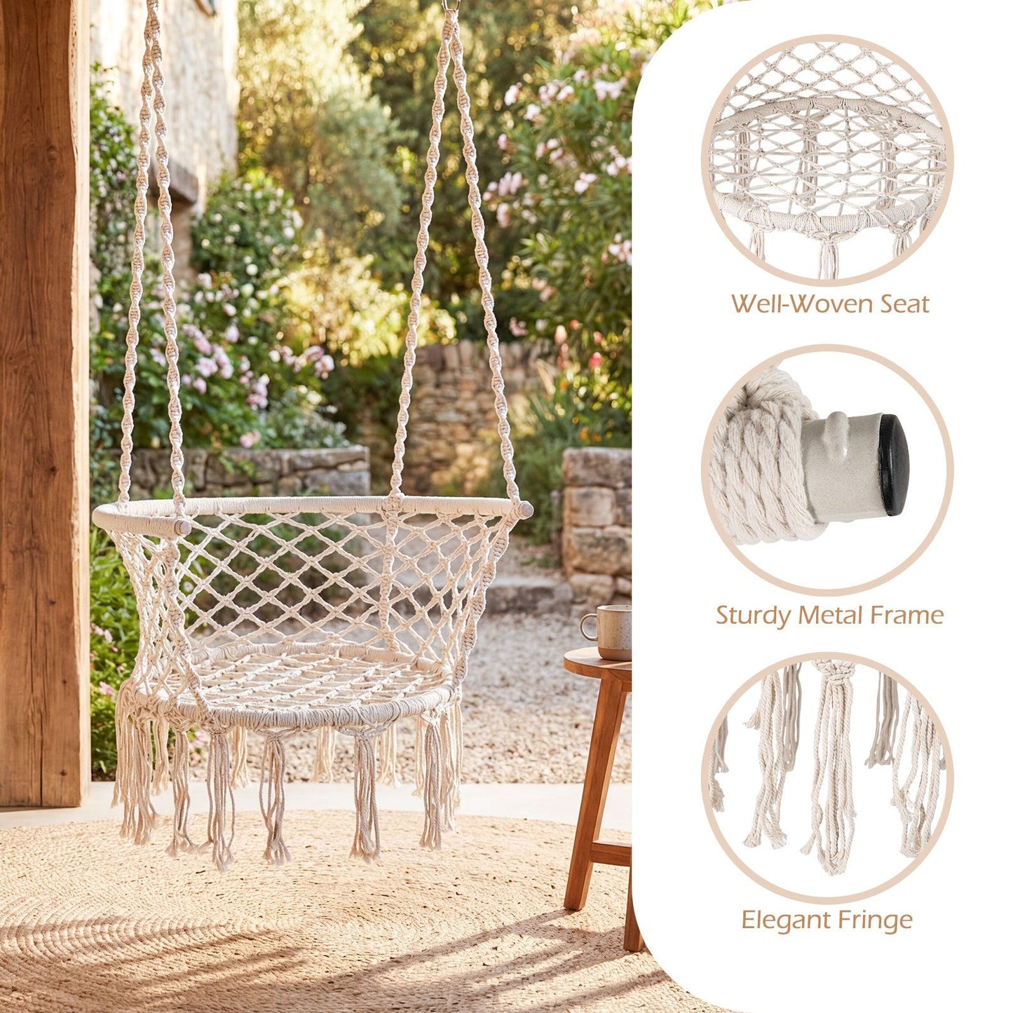 Beige Macrame Hammock Chair with Cotton Rope, Metal Frame and 31.5 x 26-Inch Hanging Seat Design