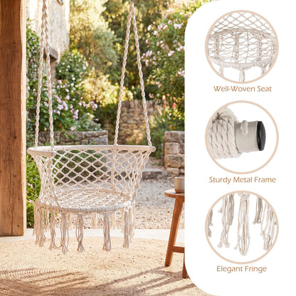 Beige Macrame Hammock Chair with Cotton Rope, Metal Frame and 31.5 x 26-Inch Hanging Seat Design