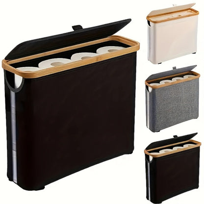 Enclosed Freestanding Toilet Paper Storage Bin with Fabric Sides, Bamboo-Look Rim and Fitted Lid in White